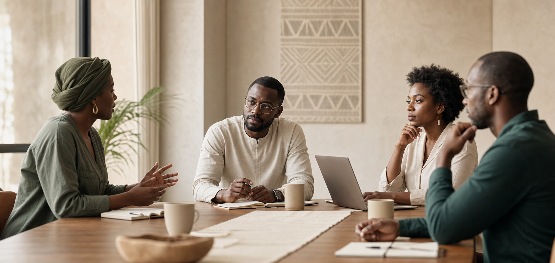 African professionals in a calm modern care infrastructure meeting